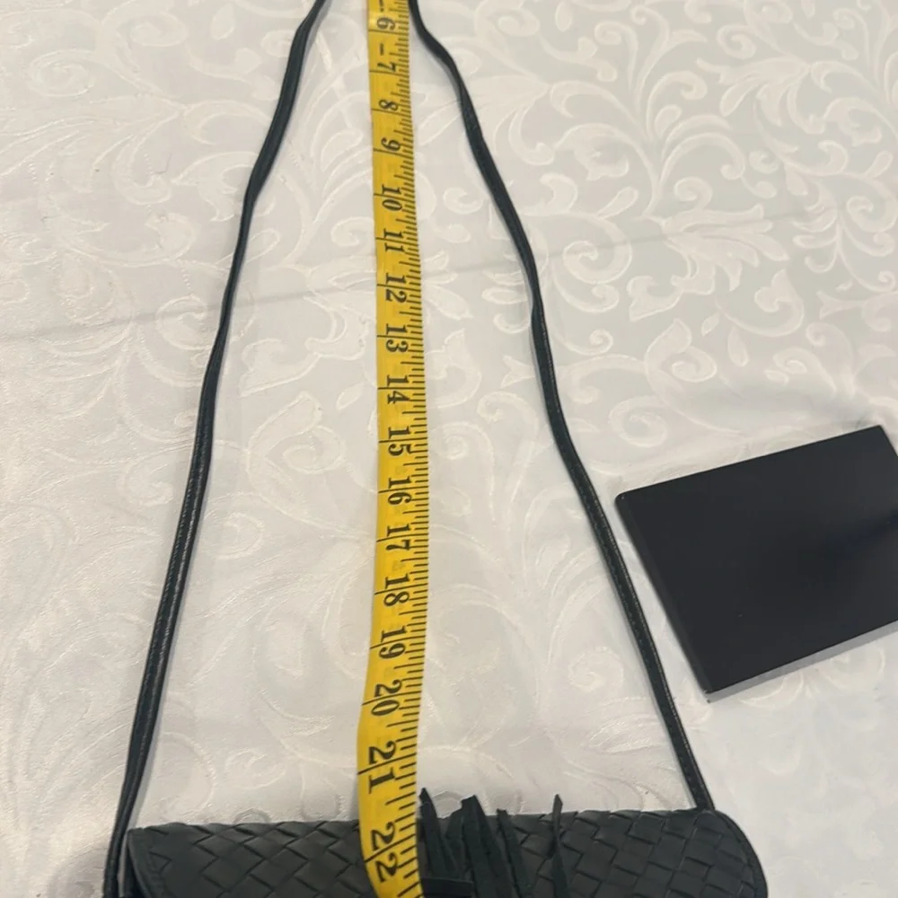Black/Deep Green Woven Leather Crossbody Bag with Tassel